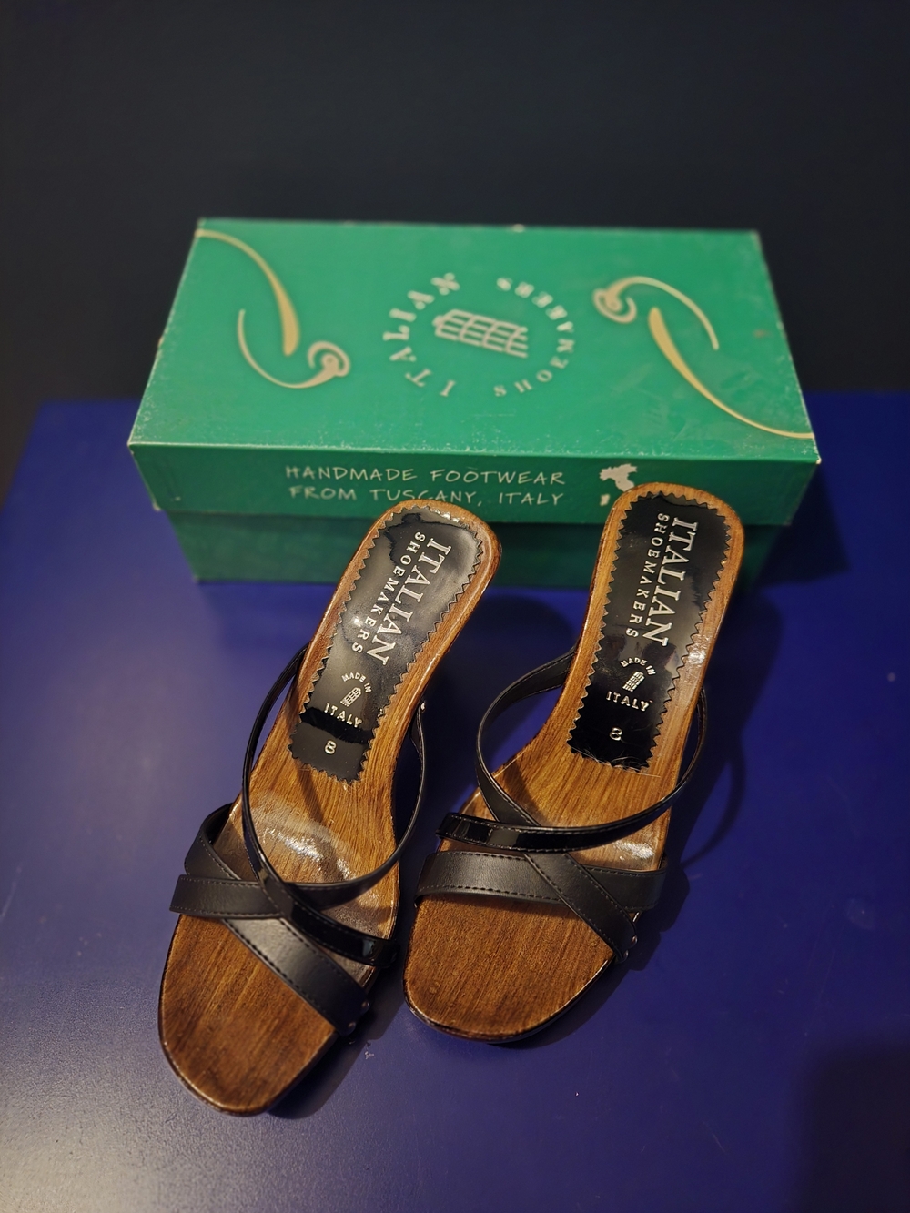 Italian Shoemakers Wood Black Leather Slide Sandals